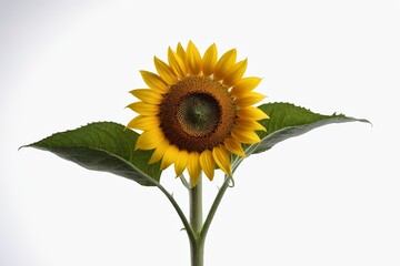 there is a sunflower that is in a vase with green leaves                         
