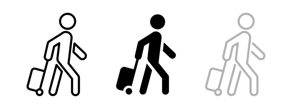 Passenger with baggage icon. Walking person with luggage vector illustration. Traveling person on a vacation symbol. Passenger with a trip suitcase sign. Black and outline traveler silhouette