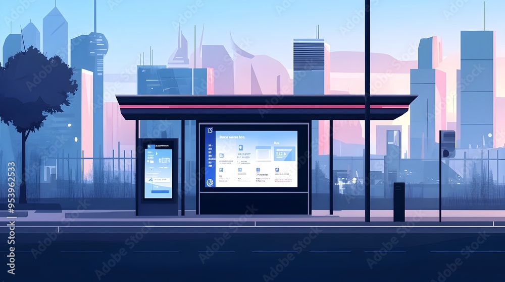 Poster of a modern high tech bus stop equipped with an iot powered digital display providing real time bus 