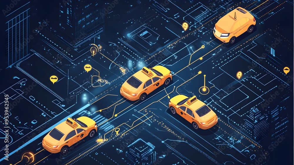 Poster graphic depicting an iot connected taxi dispatch system with optimized routing and analytics for eff