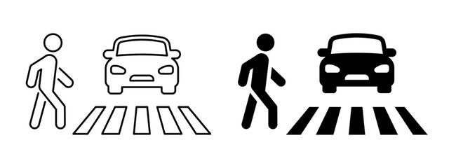 Pedestrian crosswalk with car traffic sign. Man crossing a road with standing automobile vector illustration. Crosswalk roadsign. Person walking cross the road symbol. Pedestrian safety icon.