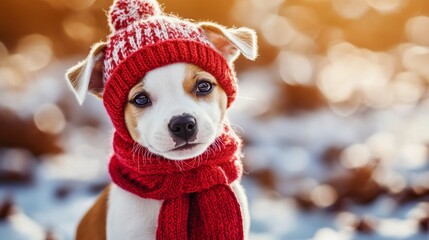 Dog wearing hat and scarf on winter snowy weather composition background
