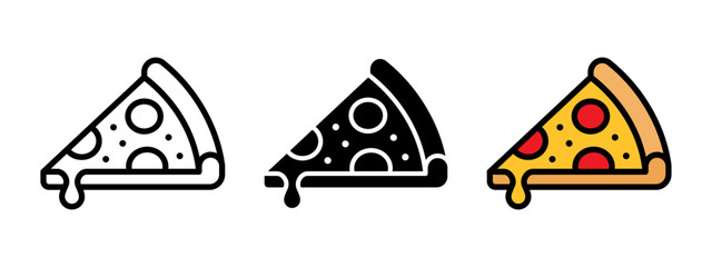 Pizza slice icon. Piece of pizza peperoni vector illustration. Pizzeria logo. Salami pizza symbol. Fast food sign in three different styles.