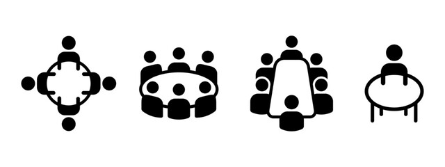 Group of person sitting around the table icon set. Business meeting symbol. Teamwork and cooperation vector illustration. Man sitting at the table pictogram. Conference discussion sign.