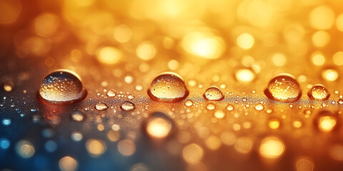 Close-up view of water droplets reflecting light on a colorful surface during a vibrant sunset