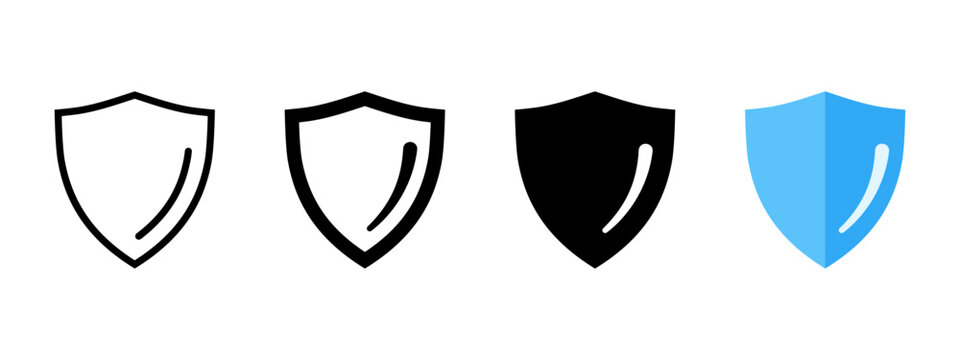 Shield icon set. Defense symbol. Security sign. Safe guard vector illustration. Guarantee emblem. Shield logo. Protection pictogram.