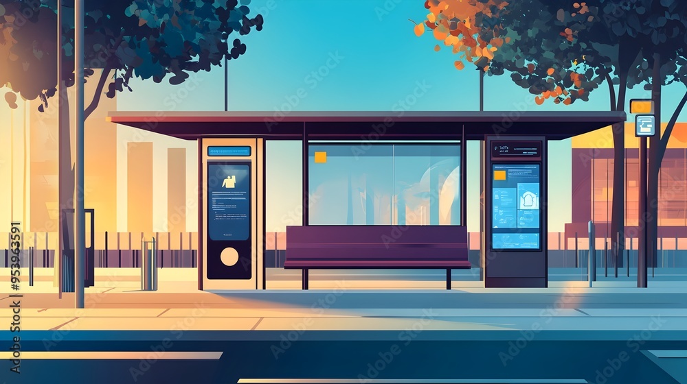 Poster of a modern futuristic smart bus stop equipped with iot based passenger counting sensors digital dis