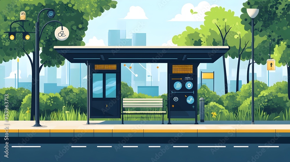 Poster sleek and futuristic smart bus stop integrated with iot technology featuring a dynamic display that 