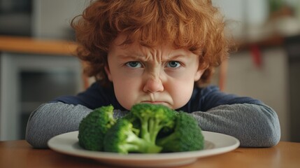 Unhappy child do not want to eat broccoli composition background