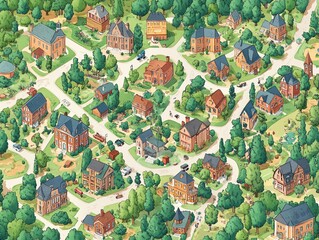 Fototapeta premium Hand-drawn illustration of a charming small town with houses, trees, and streets.