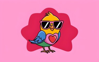 Fototapeta premium Vibrant Bird with Sunglasses and Heart on Pink Background