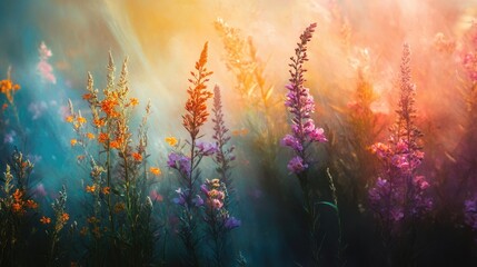 Obraz premium Sunlit Wildflowers in a Mystical Field