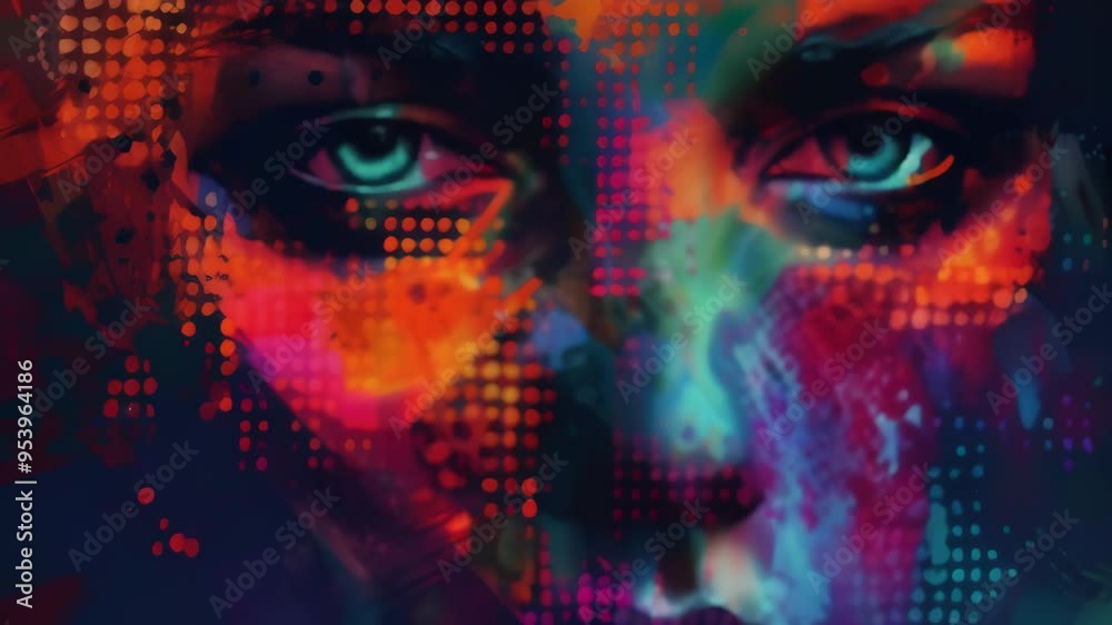 Poster Colorful abstract portrait with pixelated digital effects, symbolizing the intersection of AI and creativity.