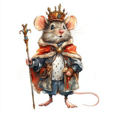 Watercolor painting of a regal mouse king holding a scepter and wearing a crown, showcasing intricate details and a whimsical charm