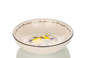 One ceramic plate, macro, isolated on white background.