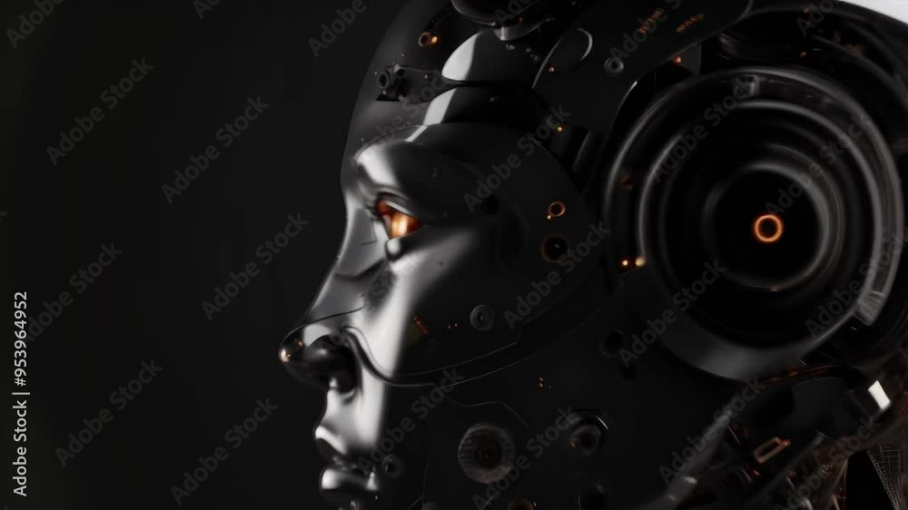 Aufkleber side profile of a sleek, black robotic head with glowing elements. concept of advanced ai and futuri