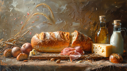 A rustic table setting with bread, cheese, and cured meats in a warm kitchen