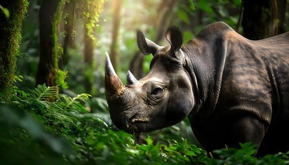 A Sumatran rhino grazing in the dense rainforest 
