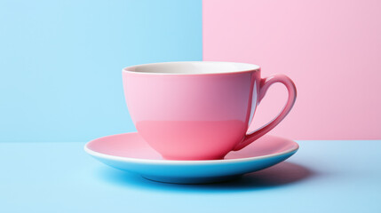Fototapeta premium pink cup and saucer on the table bright pink blue background tea coffee hot drink 