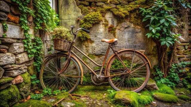 A rugged, worn-out bicycle leaning against a distressed stone wall, surrounded by overgrown vines and moss, exuding a sense of nostalgia and abandonment.