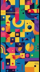 Obraz premium A vibrant abstract composition featuring geometric shapes and bold colors, creating a lively visual experience.