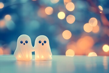 Charming Specters Together, Playful spirits joyfully holding hands, gently drifting through an enchanting twilight landscape filled with whimsical clouds.