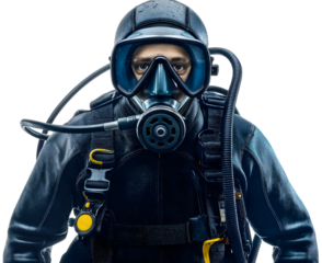 Scuba diver in isolated underwater ocean sea snorkeling with man in suit on summer vacation swim and dive experience in tropical water with mask and gear