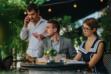 Business professionals in an outdoor meeting discussing marketing strategies and sales growth, analyzing reports. They are engaged in a collaborative discussion, emphasizing teamwork and communication