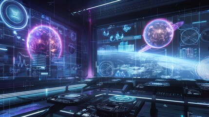 Futuristic Spaceship Bridge with Holographic Displays