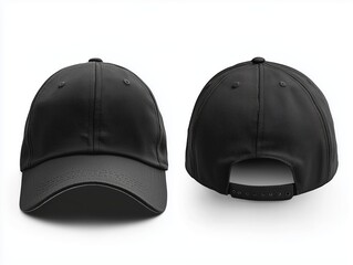 Obraz premium A plain black cap shown from the front and back, perfect for branding, customization, or promotional apparel design.