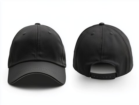 A plain black cap shown from the front and back, perfect for branding, customization, or promotional apparel design.