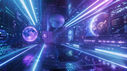 Futuristic Spaceship Corridor with Holographic Displays