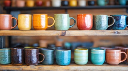 Handmade ceramic mugs on shelves crafts composition background