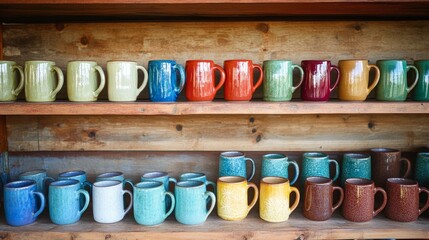 Handmade ceramic mugs on shelves crafts composition background