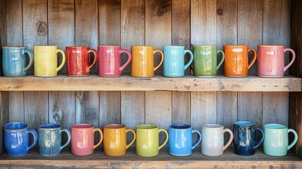 Handmade ceramic mugs on shelves crafts composition background