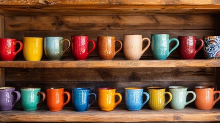 Handmade ceramic mugs on shelves crafts composition background