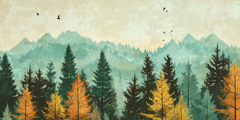 Serene Forest Landscape: Vintage-Style Illustration of Diverse Trees