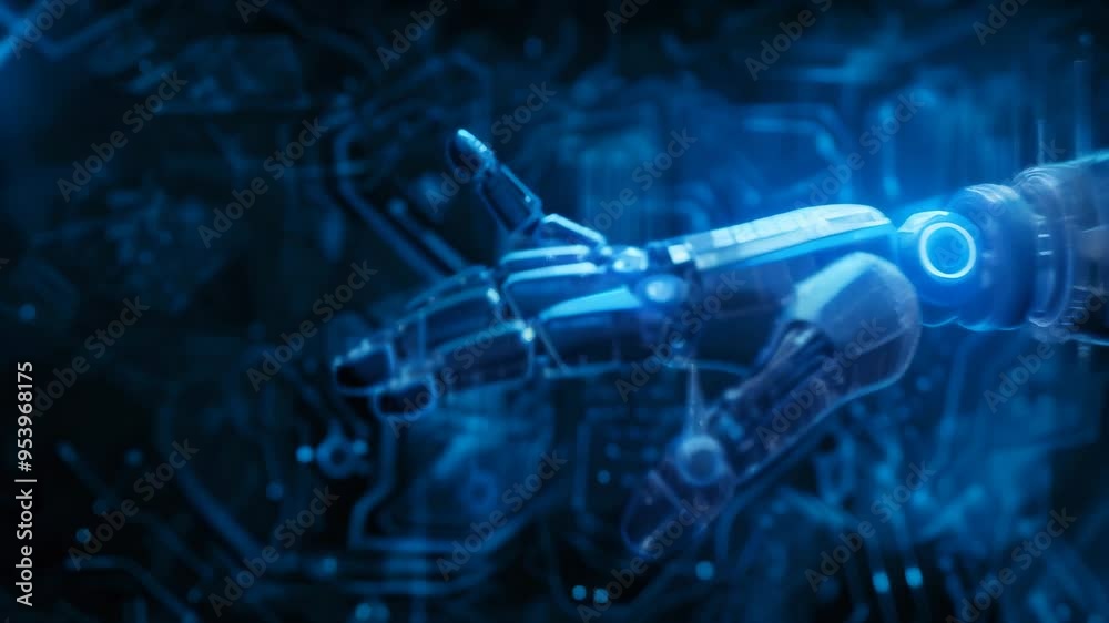 Poster robotic hand reaching out in a digital blue environment. represents ai technology and futuristic int