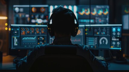 A Man in a Dark Room with Multiple Computer Monitors