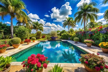 Fototapeta premium A serene blue-hued pool surrounded by lush greenery and vibrant floral arrangements, set against a sunny Florida sky