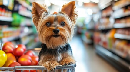 Little dog sitting in shopping cart composition background