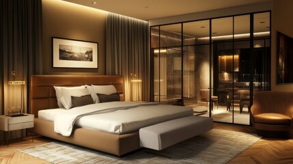Stylish hotel bedroom interior with sofa and bed, glass partition, Generative Ai