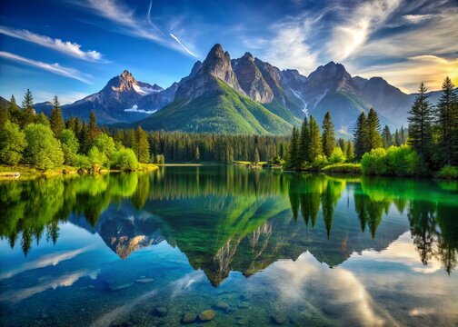 A serene lake's glassy surface mirrors the surrounding lush greenery and majestic mountain peaks, creating a stunningly