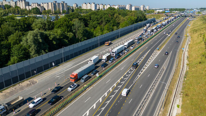 Aerial view of a traffic jam near a bridge repair site