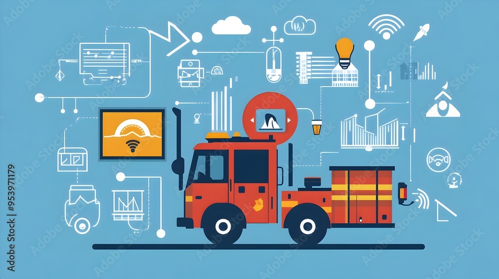 Poster detailed graphic showcasing advanced iot enabled firefighting equipment designed to enhance emergenc