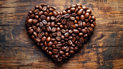 Heart-shaped coffee beans on rustic wooden background