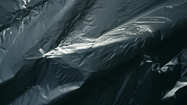 Crumpled black trash bag close-up with scuff marks and slight tear on side