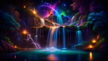 Enchanting fantasy waterfall in a magical forest under a starry sky, digital art