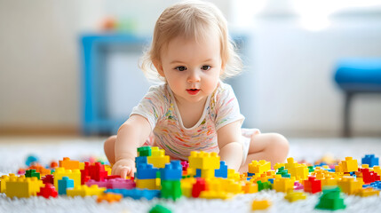 Fototapeta premium Toddler builds colorful creation with imagination