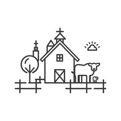 Black and White Line Drawing of a Farm Scene